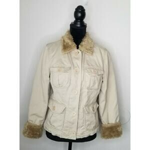 Jacob Connexion Tan Jacket Fur Trim Pockets Size M